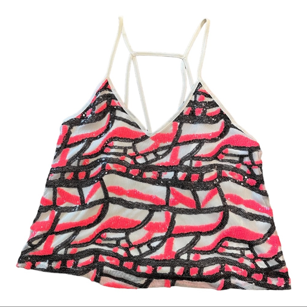 ASTR Neon Pink Black Sequin Tank Top, X-Small